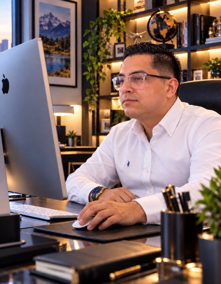 Franz Mejía en su oficina diseñando una página web