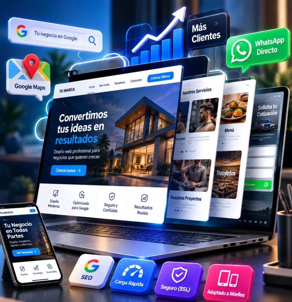 Diseño web profesional en computador y celular con Google, Google Maps, WhatsApp, SEO, carga rápida y SSL para conseguir más clientes