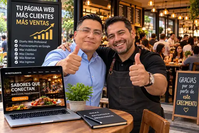 Franz Mejía con el dueño de un restaurante y la página web del negocio en una laptop